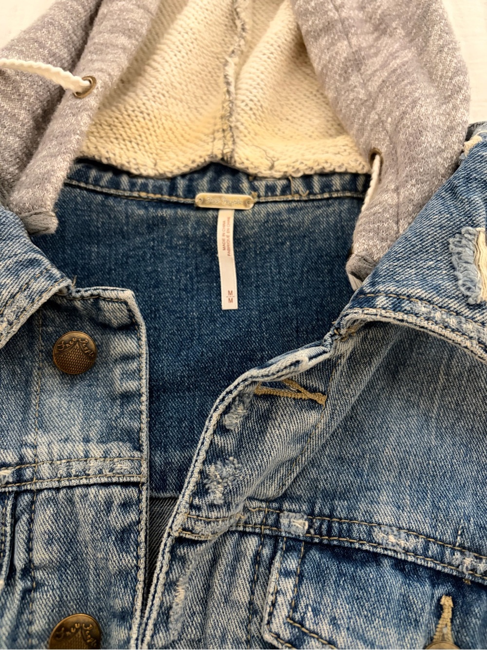 Free People Light Blue Distressed Denim Jacket with Gray Hood